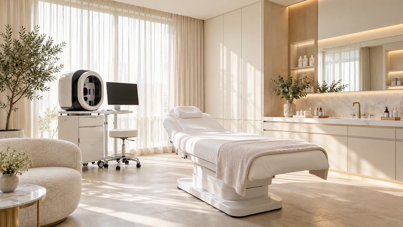 Cabina conceptual de dermatología con aparatología facial moderna